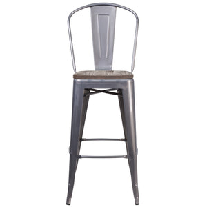 English Elm Commercial Grade 30" High Barstool with Back and Wood Seat