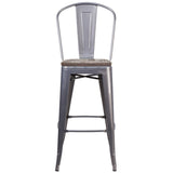 English Elm Commercial Grade 30" High Barstool with Back and Wood Seat