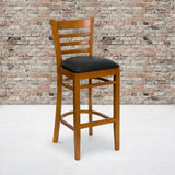 English Elm Commercial Grade Series Ladder Back Cherry Wood Restaurant Barstool - Vinyl Seat