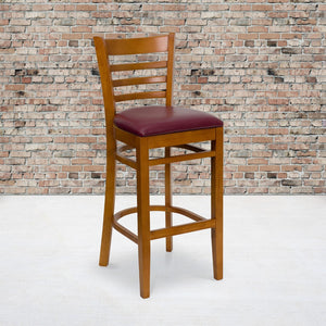 English Elm Commercial Grade Series Ladder Back Cherry Wood Restaurant Barstool - Vinyl Seat