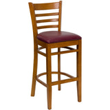 English Elm Commercial Grade Series Ladder Back Cherry Wood Restaurant Barstool - Vinyl Seat