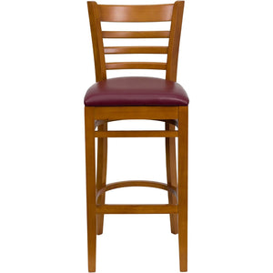 English Elm Commercial Grade Series Ladder Back Cherry Wood Restaurant Barstool - Vinyl Seat