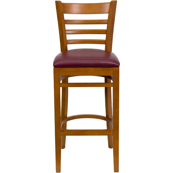 English Elm Commercial Grade Series Ladder Back Cherry Wood Restaurant Barstool - Vinyl Seat