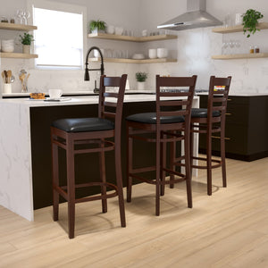 English Elm Commercial Grade Series Ladder Back Mahogany Wood Restaurant Barstool - Vinyl Seat