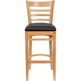 English Elm Commercial Grade Series Ladder Back Natural Wood Restaurant Barstool - Vinyl Seat