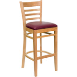 English Elm Commercial Grade Series Ladder Back Natural Wood Restaurant Barstool - Vinyl Seat