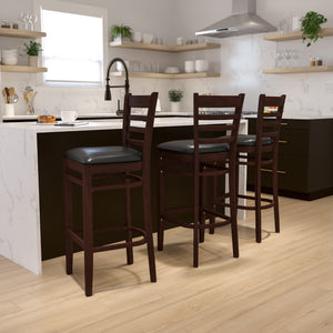 English Elm Commercial Grade Series Ladder Back Walnut Wood Restaurant Barstool - Vinyl Seat