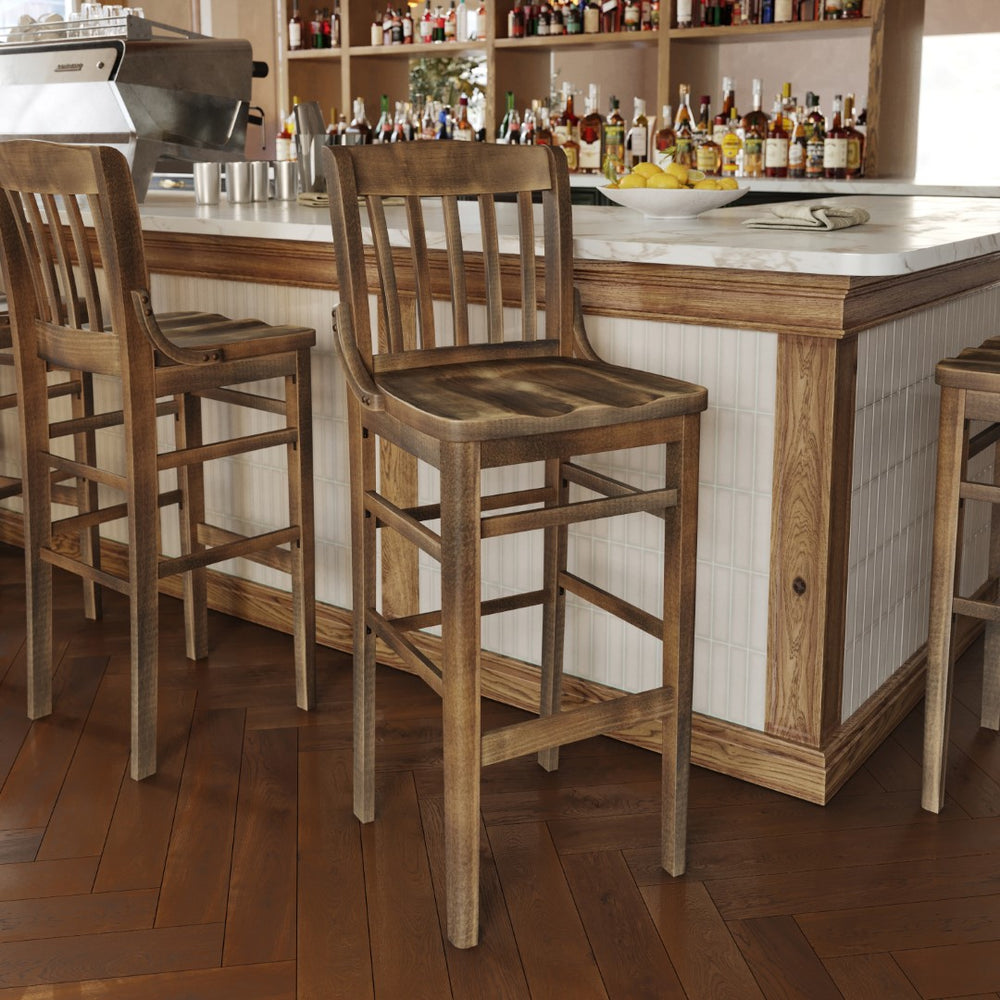 English Elm Commercial Grade School House Back Wood Restaurant Barstool