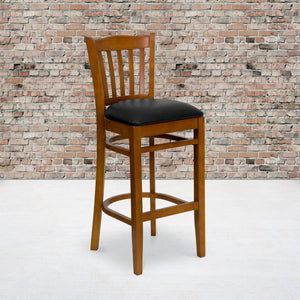 English Elm Commercial Grade Series Vertical Slat Back Cherry Wood Restaurant Barstool - Vinyl Seat