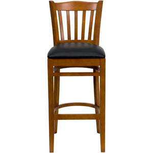 English Elm Commercial Grade Series Vertical Slat Back Cherry Wood Restaurant Barstool - Vinyl Seat