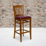 English Elm Commercial Grade Series Vertical Slat Back Cherry Wood Restaurant Barstool - Vinyl Seat