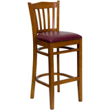 English Elm Commercial Grade Series Vertical Slat Back Cherry Wood Restaurant Barstool - Vinyl Seat