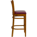 English Elm Commercial Grade Series Vertical Slat Back Cherry Wood Restaurant Barstool - Vinyl Seat