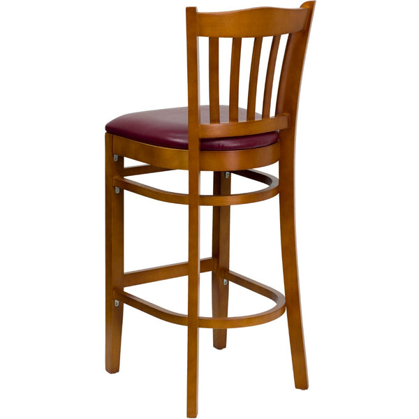 English Elm Commercial Grade Series Vertical Slat Back Cherry Wood Restaurant Barstool - Vinyl Seat