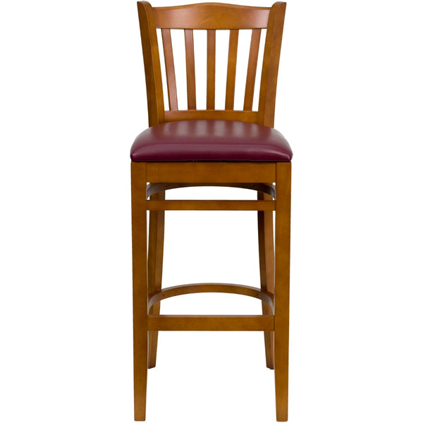 English Elm Commercial Grade Series Vertical Slat Back Cherry Wood Restaurant Barstool - Vinyl Seat