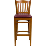 English Elm Commercial Grade Series Vertical Slat Back Cherry Wood Restaurant Barstool - Vinyl Seat