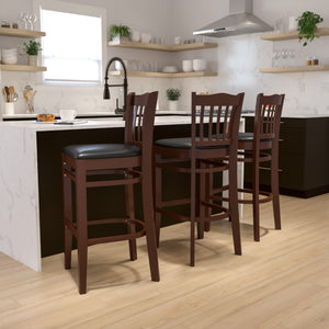 English Elm Commercial Grade Series Vertical Slat Back Mahogany Wood Restaurant Barstool - Vinyl Seat