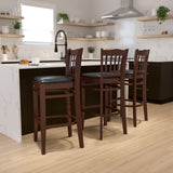 Commercial Grade Series Vertical Slat Back Mahogany Wood Restaurant Barstool - Vinyl Seat