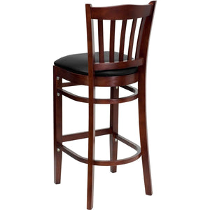 English Elm Commercial Grade Series Vertical Slat Back Mahogany Wood Restaurant Barstool - Vinyl Seat