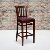 English Elm Commercial Grade Series Vertical Slat Back Mahogany Wood Restaurant Barstool - Vinyl Seat