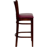 English Elm Commercial Grade Series Vertical Slat Back Mahogany Wood Restaurant Barstool - Vinyl Seat