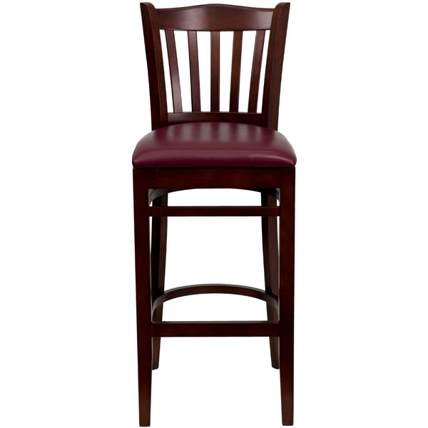 English Elm Commercial Grade Series Vertical Slat Back Mahogany Wood Restaurant Barstool - Vinyl Seat