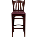 English Elm Commercial Grade Series Vertical Slat Back Mahogany Wood Restaurant Barstool - Vinyl Seat