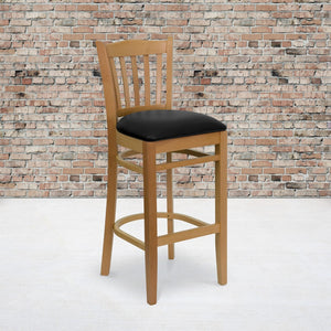 English Elm Commercial Grade Series Vertical Slat Back Natural Wood Restaurant Barstool - Vinyl Seat