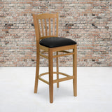 Commercial Grade Series Vertical Slat Back Natural Wood Restaurant Barstool - Vinyl Seat