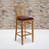 English Elm Commercial Grade Series Vertical Slat Back Natural Wood Restaurant Barstool - Vinyl Seat