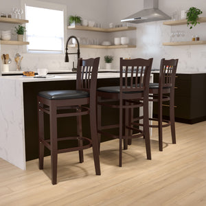 English Elm Commercial Grade Series Vertical Slat Back Walnut Wood Restaurant Barstool - Vinyl Seat