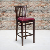 English Elm Commercial Grade Series Vertical Slat Back Walnut Wood Restaurant Barstool - Vinyl Seat