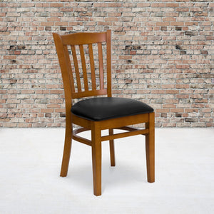 English Elm Commercial Grade Series Vertical Slat Back Cherry Wood Restaurant Chair - Vinyl Seat