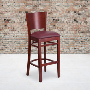 English Elm Commercial Grade Series Solid Back Mahogany Wood Restaurant Barstool - Vinyl Seat