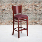 Commercial Grade Series Solid Back Mahogany Wood Restaurant Barstool - Vinyl Seat