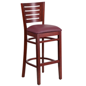 English Elm Commercial Grade Series Slat Back Mahogany Wood Restaurant Barstool - Vinyl Seat