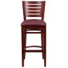 English Elm Commercial Grade Series Slat Back Mahogany Wood Restaurant Barstool - Vinyl Seat