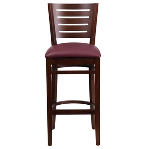 English Elm Commercial Grade Series Slat Back Walnut Wood Restaurant Barstool - Vinyl Seat