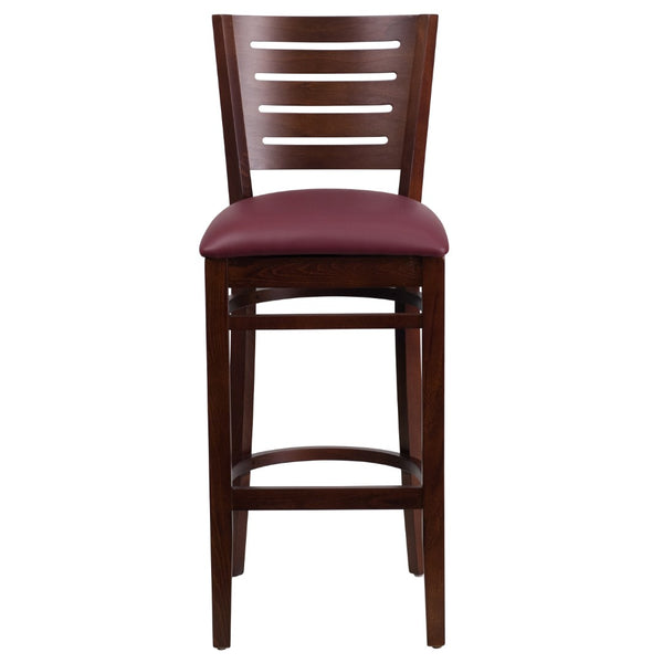 English Elm Commercial Grade Series Slat Back Walnut Wood Restaurant Barstool - Vinyl Seat