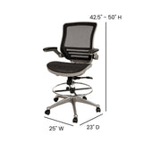 English Elm Commercial Grade Mid-Back Transparent Mesh Drafting Chair with Graphite Silver Frame and Flip-Up Arms