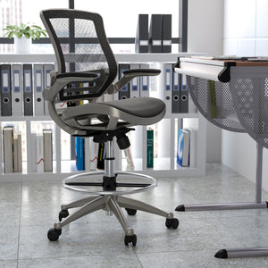 English Elm Commercial Grade Mid-Back Transparent Mesh Drafting Chair with Graphite Silver Frame and Flip-Up Arms