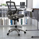 Commercial Grade Mid-Back Transparent Mesh Drafting Chair with Graphite Silver Frame and Flip-Up Arms