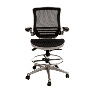 English Elm Commercial Grade Mid-Back Transparent Mesh Drafting Chair with Graphite Silver Frame and Flip-Up Arms