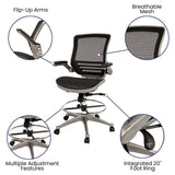 English Elm Commercial Grade Mid-Back Transparent Mesh Drafting Chair with Graphite Silver Frame and Flip-Up Arms