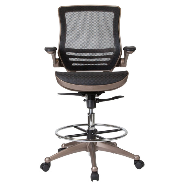 English Elm Commercial Grade Mid-Back Transparent Mesh Drafting Chair with Melrose Gold Frame and Flip-Up Arms