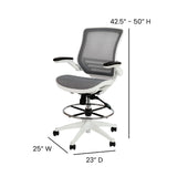 English Elm Commercial Grade Mid-Back Transparent Mesh Drafting Chair with White Frame and Flip-Up Arms