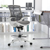 English Elm Commercial Grade Mid-Back Transparent Mesh Drafting Chair with White Frame and Flip-Up Arms