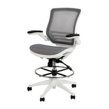 English Elm Commercial Grade Mid-Back Transparent Mesh Drafting Chair with White Frame and Flip-Up Arms