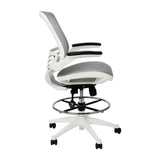 English Elm Commercial Grade Mid-Back Transparent Mesh Drafting Chair with White Frame and Flip-Up Arms