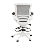 English Elm Commercial Grade Mid-Back Transparent Mesh Drafting Chair with White Frame and Flip-Up Arms